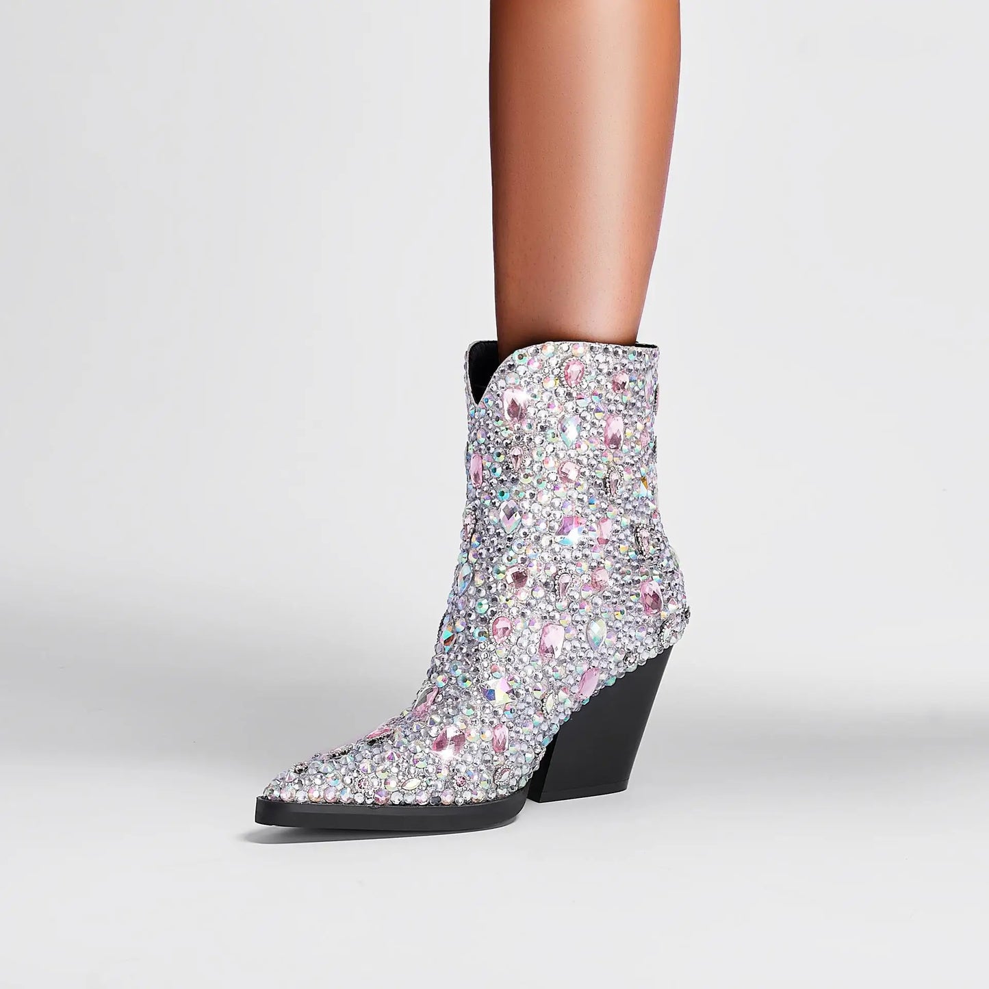 Pointed Rhinestone Ankle Boots Western Cowboy Boots