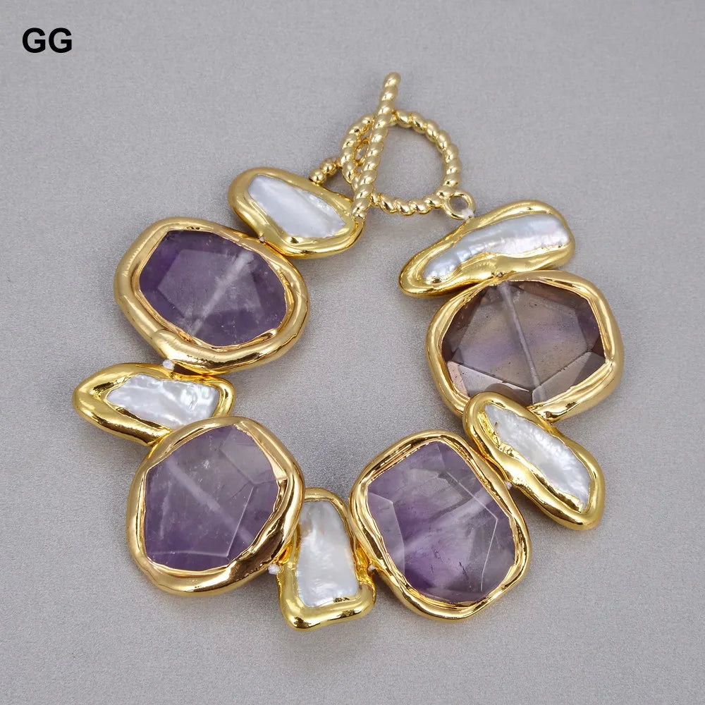 GuaiGuai Natural Freshwater White Biwa Pearl Green Nugget Amethysts Gold Plated Pendant Necklace Bracelet Earrings Sets