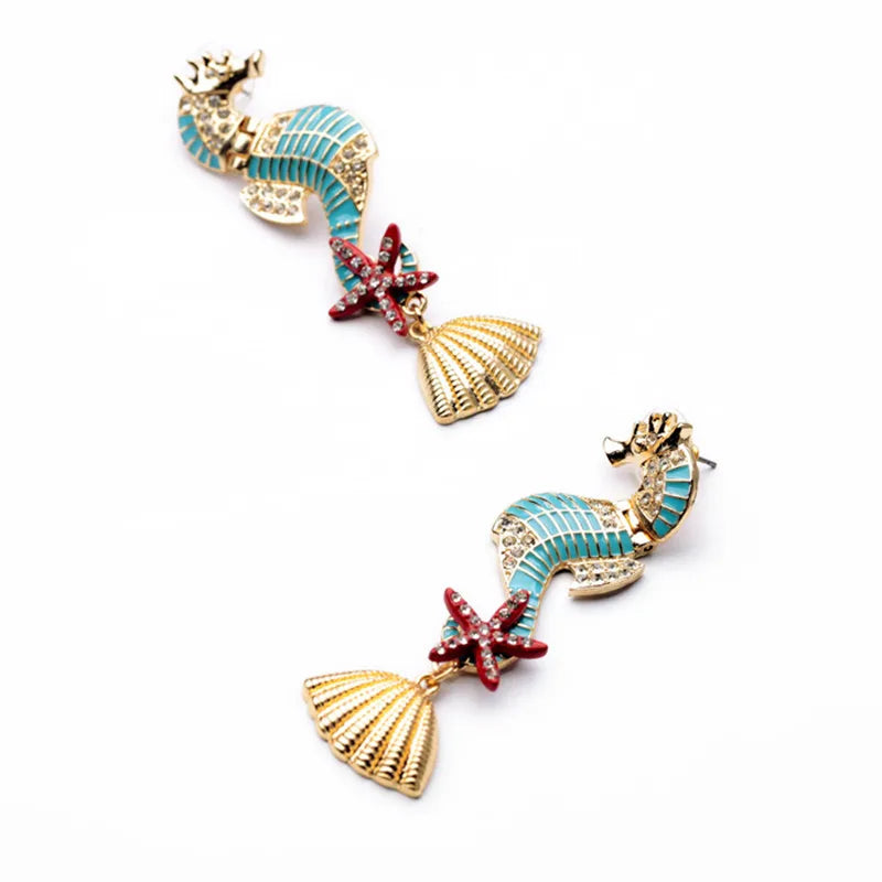 LUBOV Gorgeous Sea Horses Starfish Seashell Statement Earrings