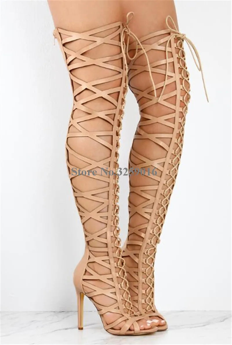Lace-up Straps Cross Over Knee Boots - Gladiator