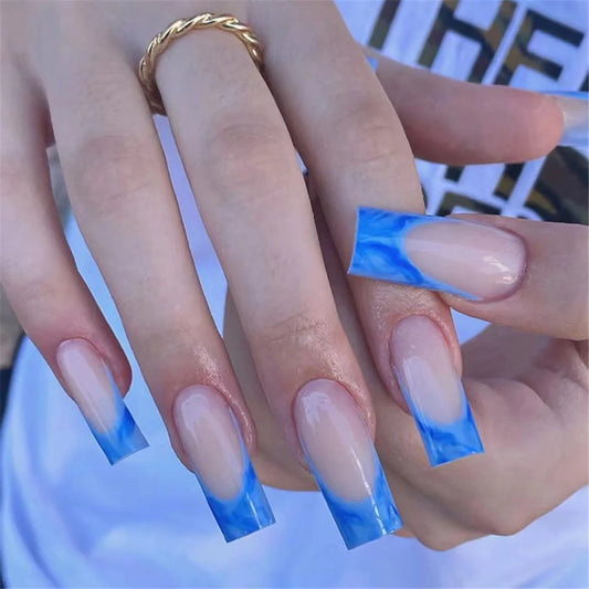 Fashion False Nails Set Press On Blue Blooming French Tips