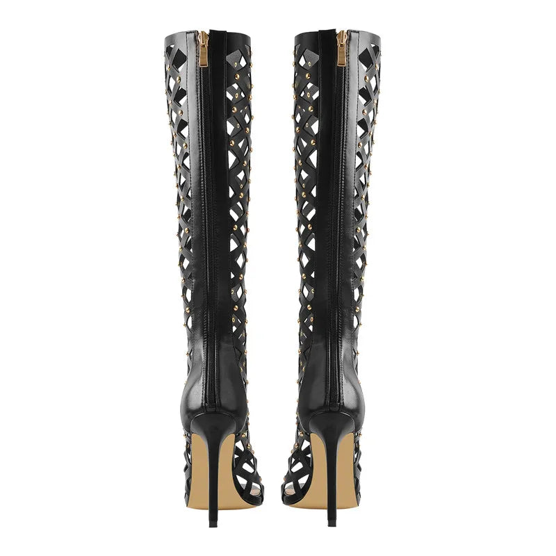 Onlymaker Women Peep Toe Black Hollow Grid Stiletto Knee High Boots
