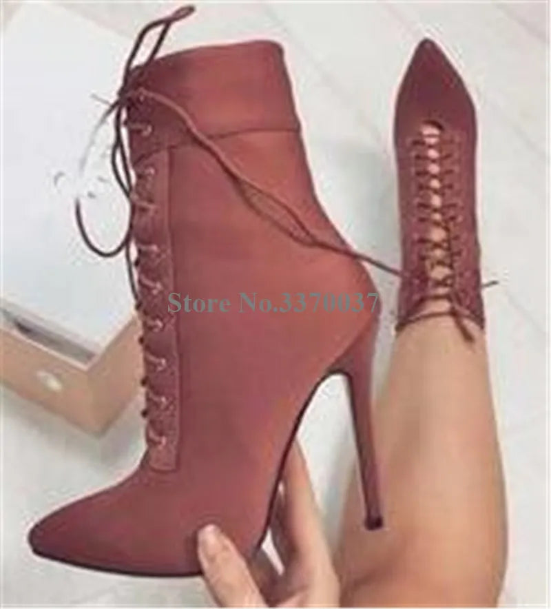 Linamong Pointed Toe Suede Leather Stiletto Short Boots Y