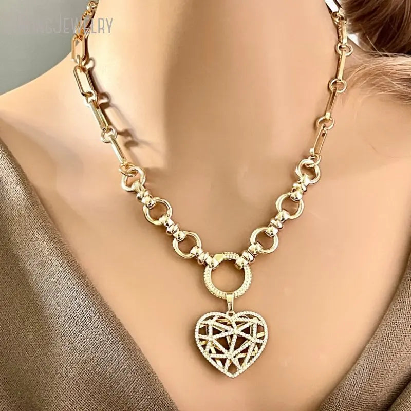 Multi Link Chain Latticework Floating Heart Pendant Necklace