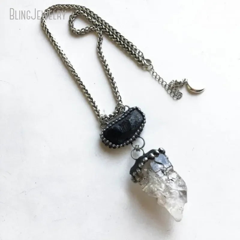 Raw Black Tourmaline Herkimer Quartz Crystal Necklace