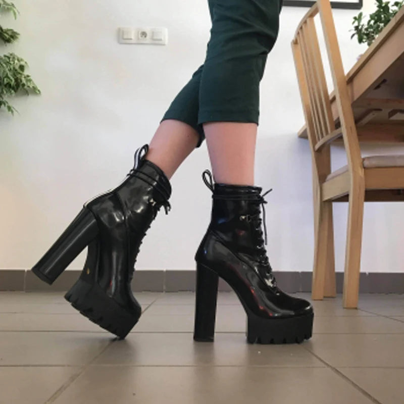Onlymaker Round Toe Black Patent Leather Chunky Platform Ankle Boots