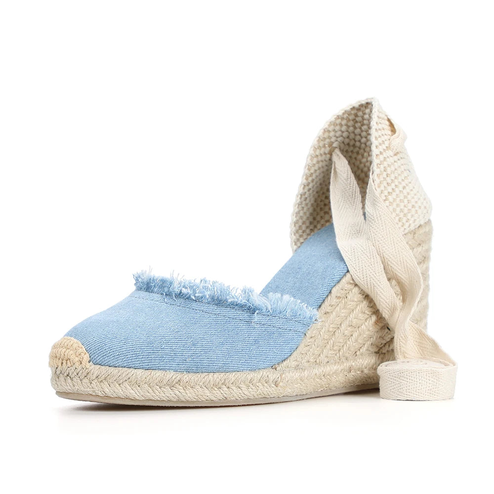 9cm Denim Sandals Espadrilles Wedge For With Ankle Strap