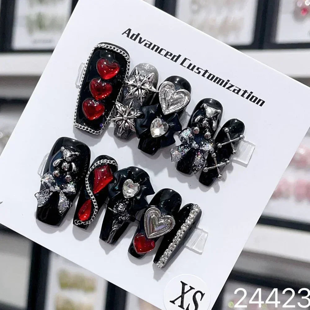 Handmade Beautiful Y2k Press on Nails Goth Style Black and Red - Halloween