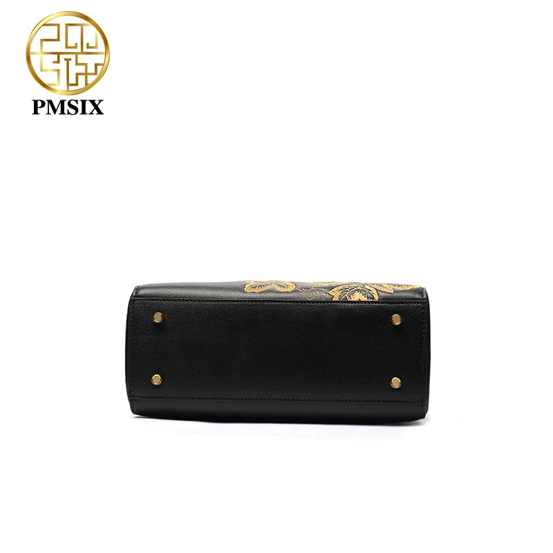 PMSIX Embroidery Gold Flowers Genuine Leather Handbag