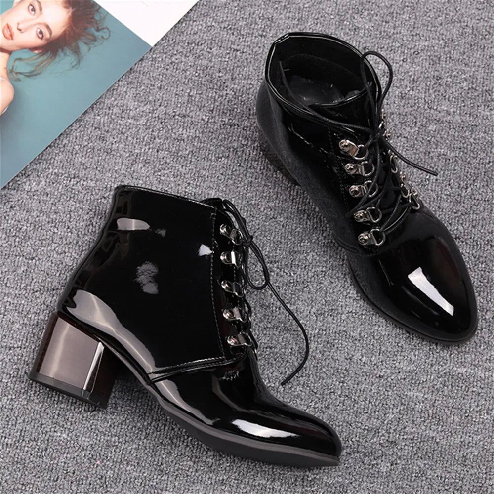 Diane Lockhart Lace-up Patent Leather Ankle Boots