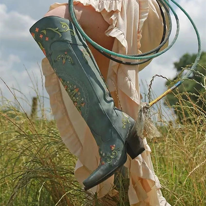 Vintage Blue Leather Flower Embroidery Knee Boots S