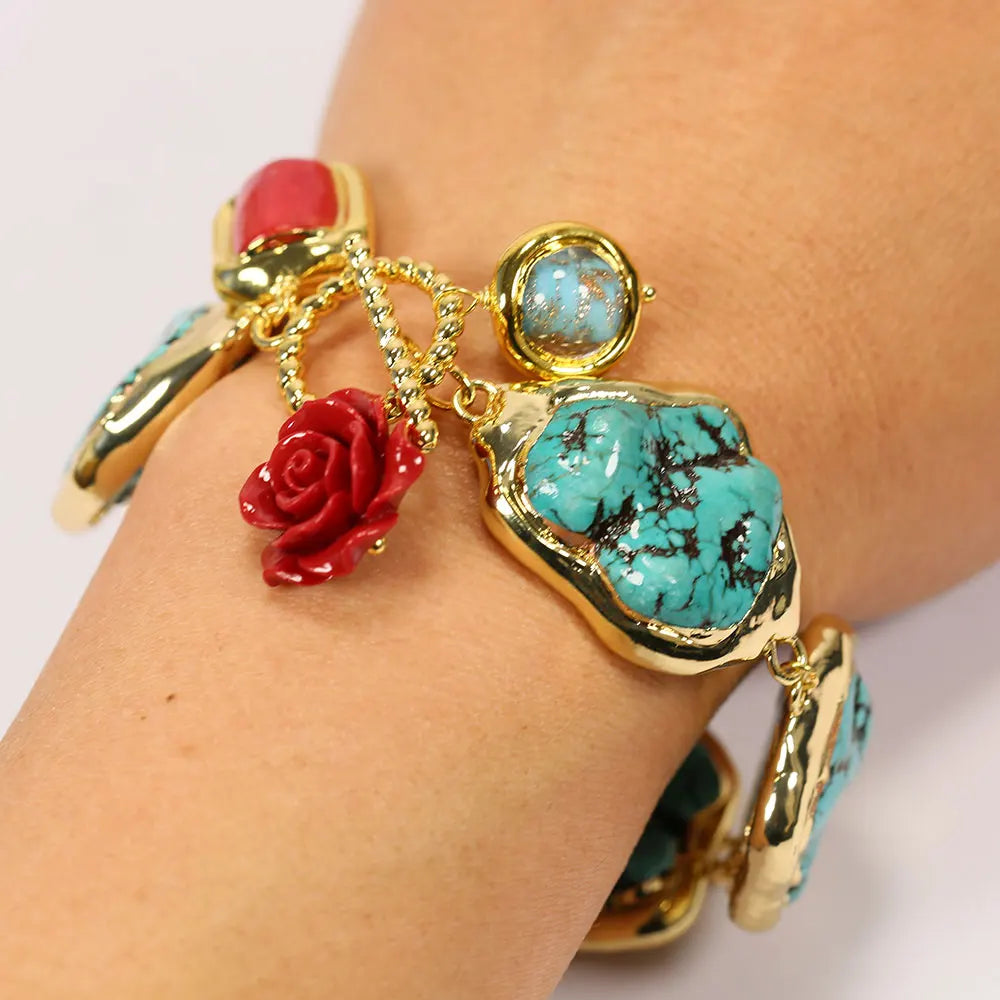GG Blue Turquoise Freeform Shape Gold Plated Red Coral Murano Glass Beaded Bracelet