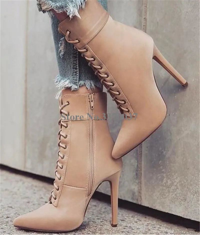 Linamong Pointed Toe Suede Leather Stiletto Short Boots Y