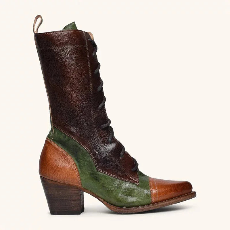 Linamong Vintage Style Green Brown Leather Patchwork Boots