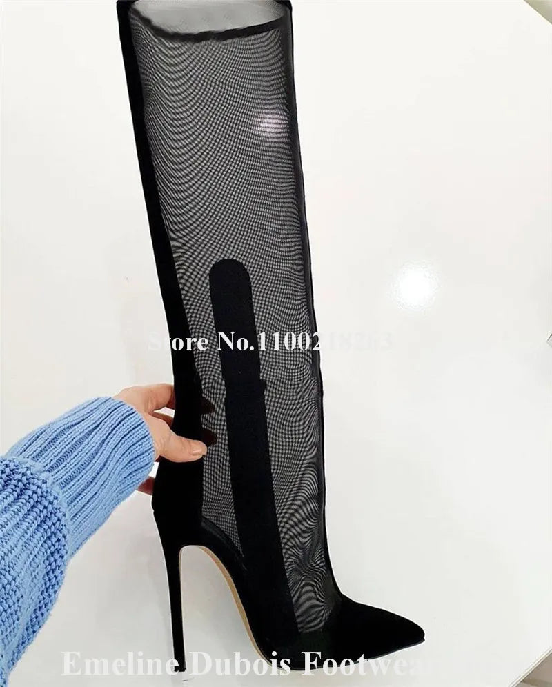 Emeline Dubois Black Mesh Patchwork Knee High Boots