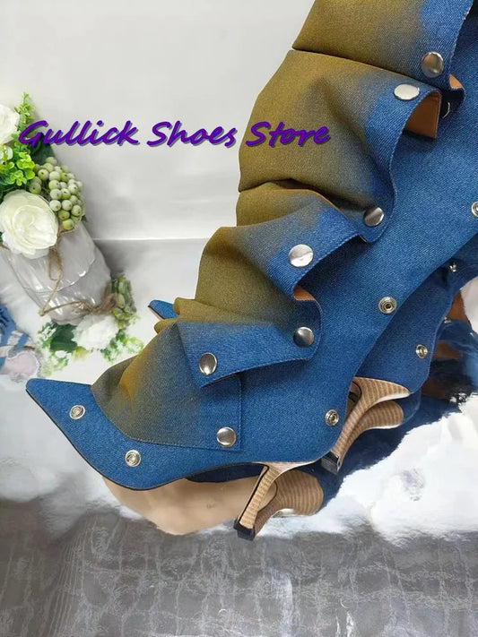 Pleated Mixed Color Long Stiletto Boots- Metal Rivets