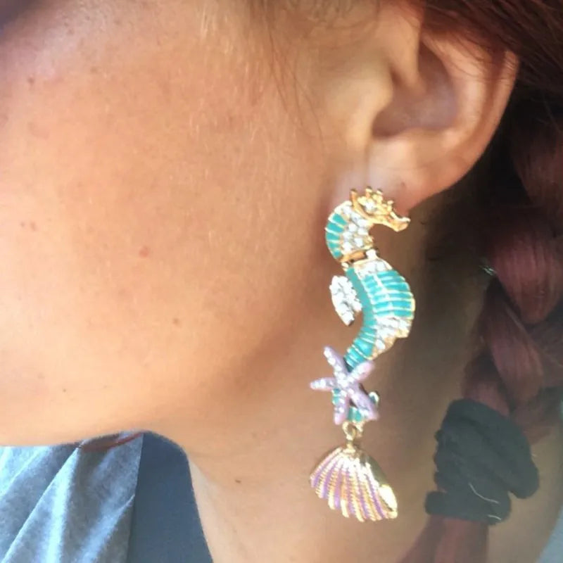 LUBOV Gorgeous Sea Horses Starfish Seashell Statement Earrings