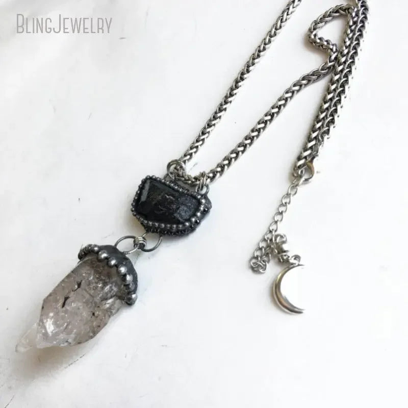 Raw Black Tourmaline Herkimer Quartz Crystal Necklace