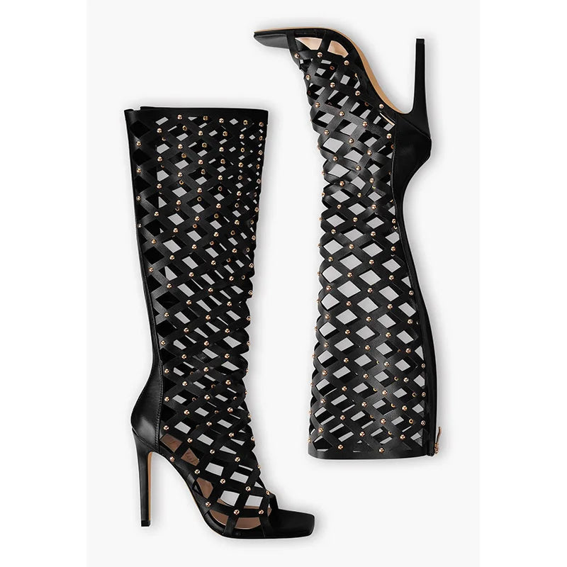 Onlymaker Women Peep Toe Black Hollow Grid Stiletto Knee High Boots