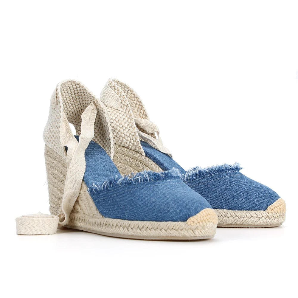 9cm Denim Sandals Espadrilles Wedge For With Ankle Strap