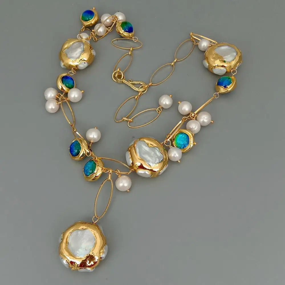 YYGEM Blue Murano Glass Freshwater Cultured White Keshi Pearl Gold Filled Chain Necklace 21"