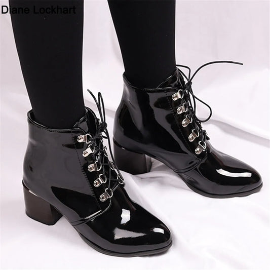 Diane Lockhart  Lace-up Patent Leather Ankle Boots