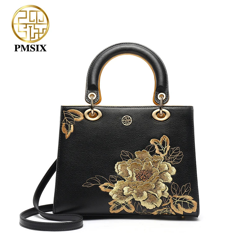 PMSIX Embroidery Gold Flowers Genuine Leather Handbag