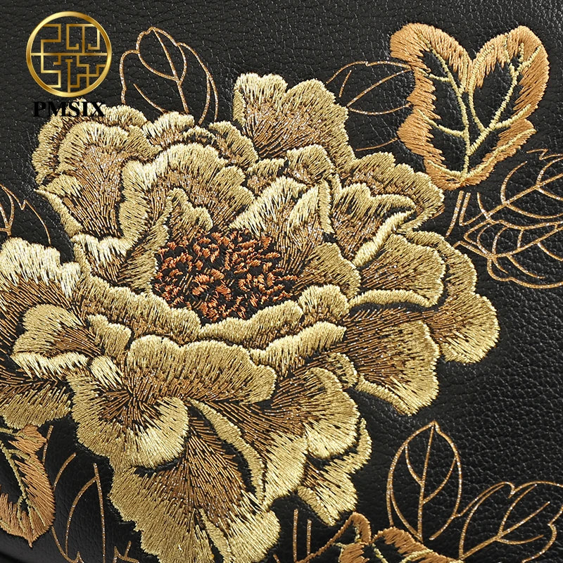 PMSIX Embroidery Gold Flowers Genuine Leather Handbag