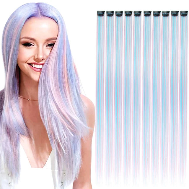 10Packs Straight Colored Clip-In Hair One Piece Long Synthetic Rainbow 22 Inchhair ex