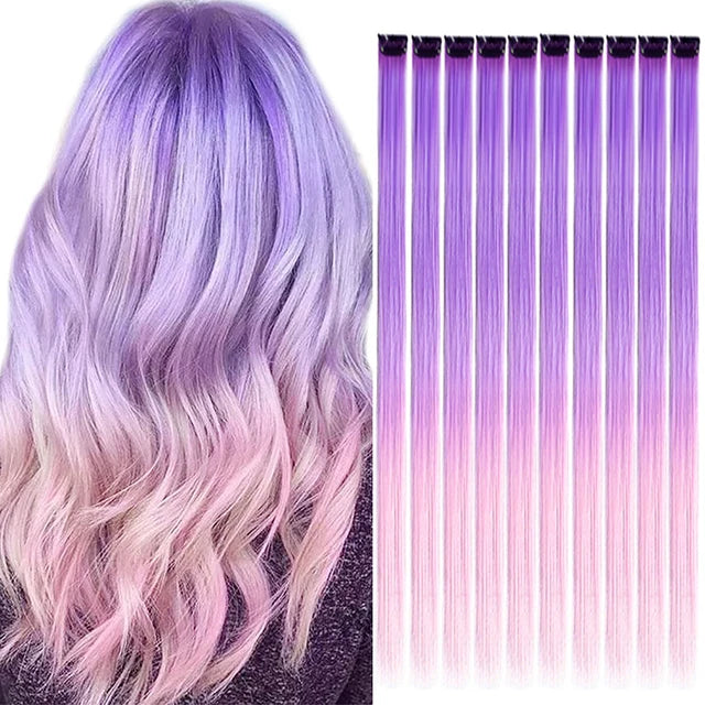 10Packs Straight Colored Clip-In Hair One Piece Long Synthetic Rainbow 22 Inchhair ex