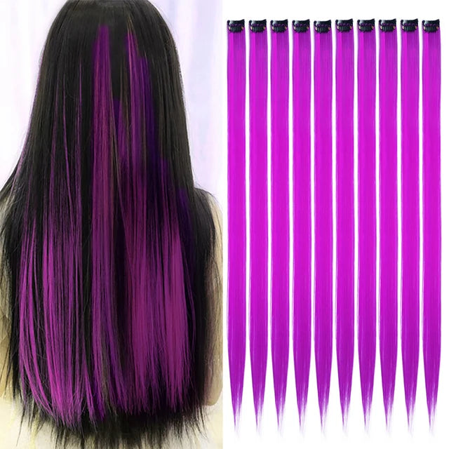 10Packs Straight Colored Clip-In Hair One Piece Long Synthetic Rainbow 22 Inchhair ex