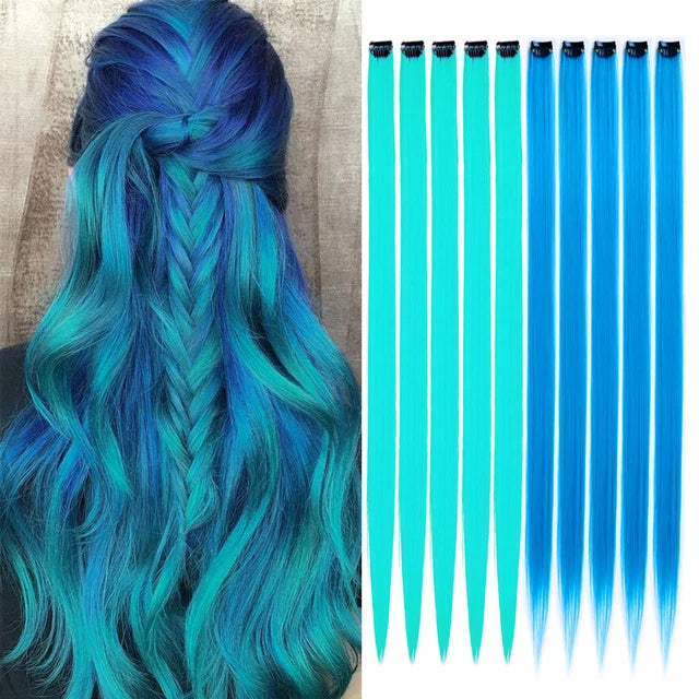 10Packs Straight Colored Clip-In Hair One Piece Long Synthetic Rainbow 22 Inchhair ex