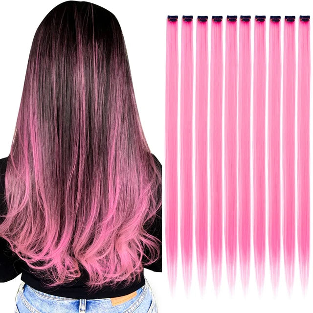 10Packs Straight Colored Clip-In Hair One Piece Long Synthetic Rainbow 22 Inchhair ex