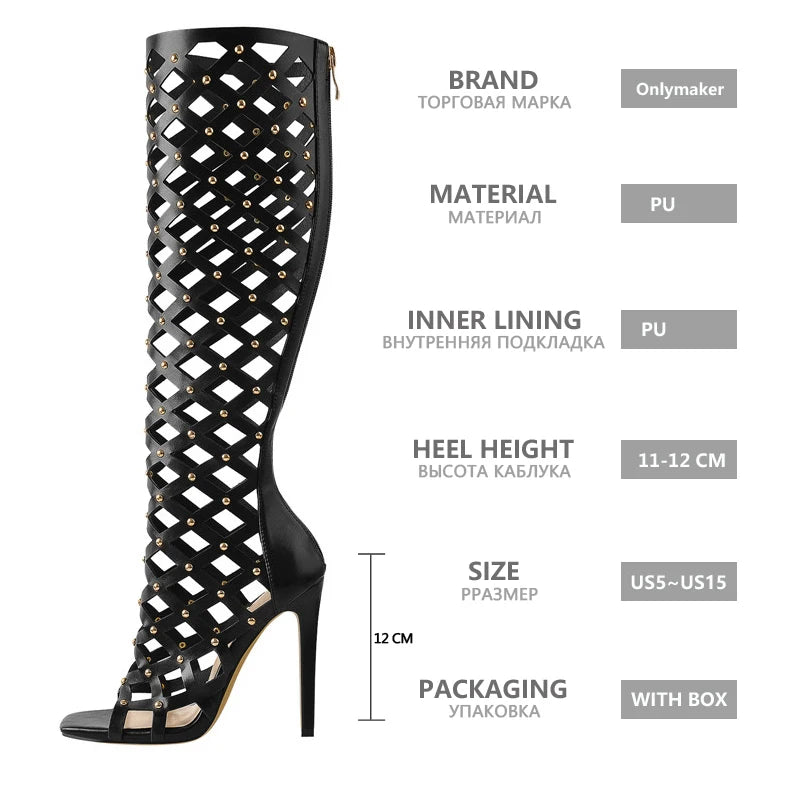 Onlymaker Women Peep Toe Black Hollow Grid Stiletto Knee High Boots