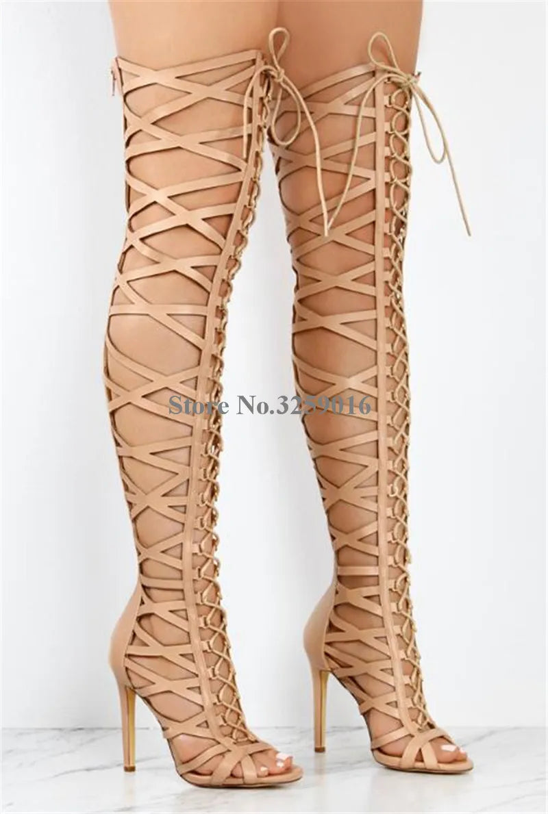 Lace-up Straps Cross Over Knee Boots - Gladiator