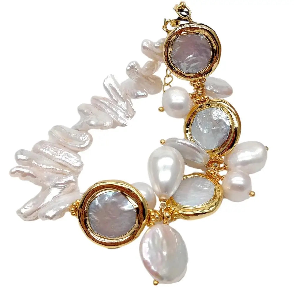 Y·YING Natural Multi Shape Freshwater Pearl Sea Shell Pearl Gold plated Bracelet 8"