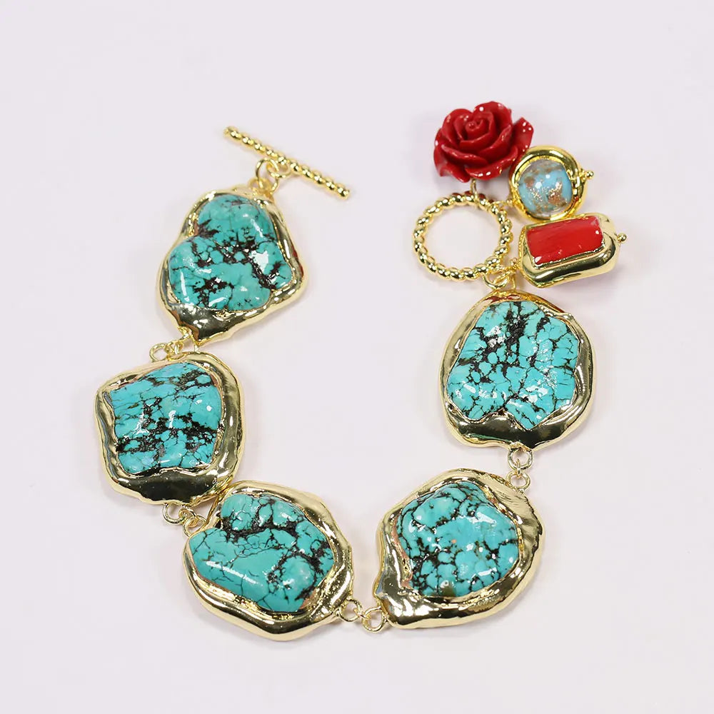 GG Blue Turquoise Freeform Shape Gold Plated Red Coral Murano Glass Beaded Bracelet