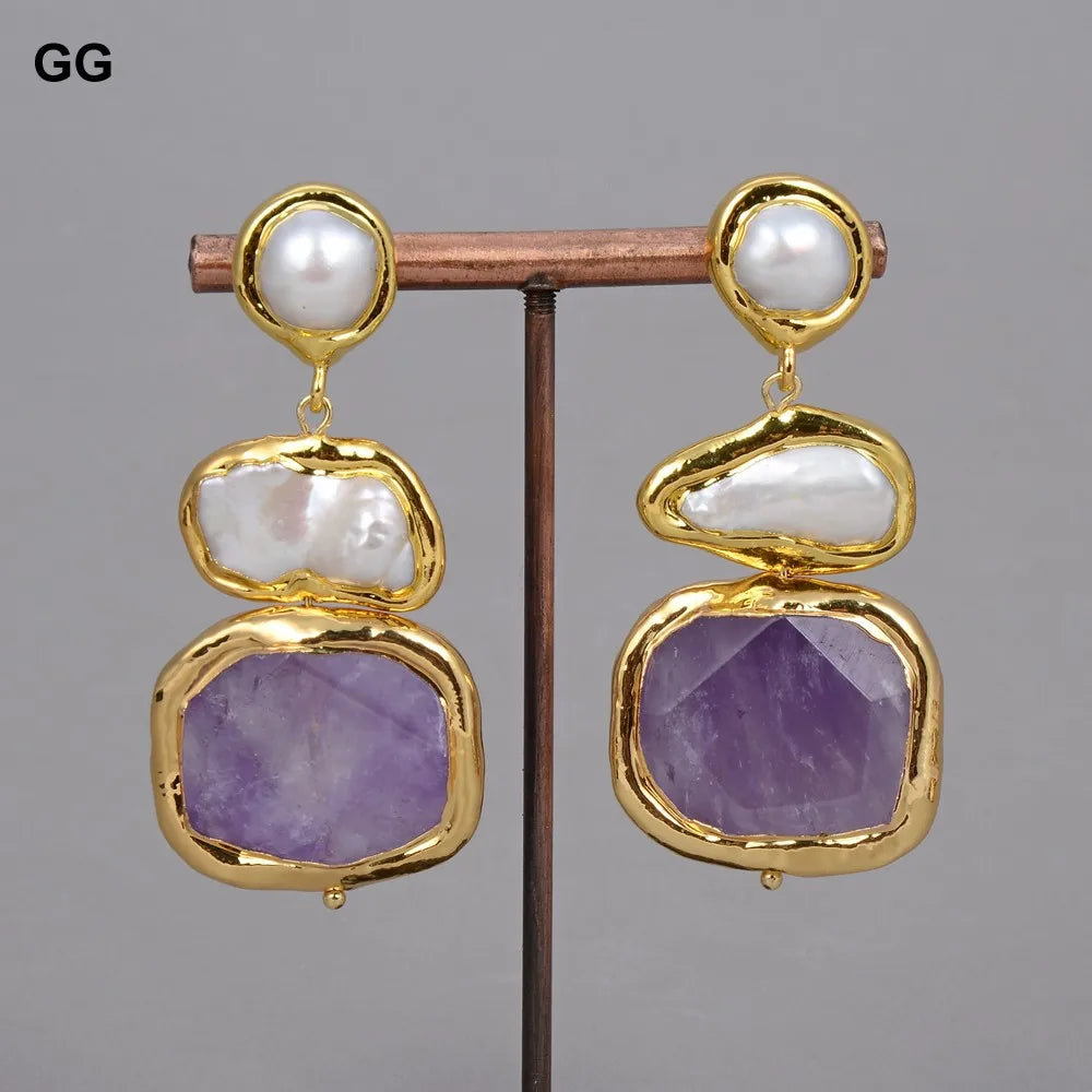 GuaiGuai Natural Freshwater White Biwa Pearl Green Nugget Amethysts Gold Plated Pendant Necklace Bracelet Earrings Sets