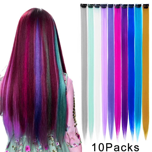 10Packs Straight Colored Clip-In Hair One Piece Long Synthetic Rainbow 22 Inchhair ex
