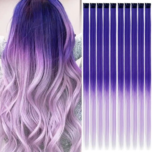 10Packs Straight Colored Clip-In Hair One Piece Long Synthetic Rainbow 22 Inchhair ex