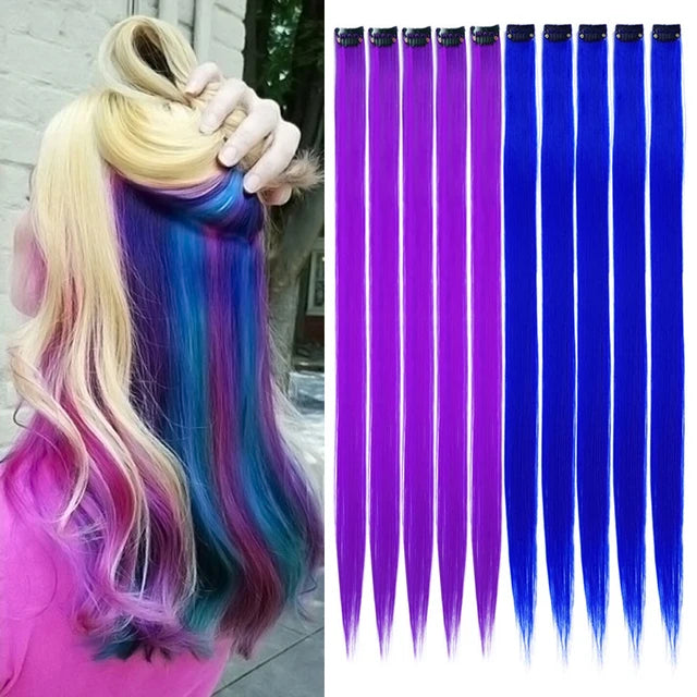 10Packs Straight Colored Clip-In Hair One Piece Long Synthetic Rainbow 22 Inchhair ex