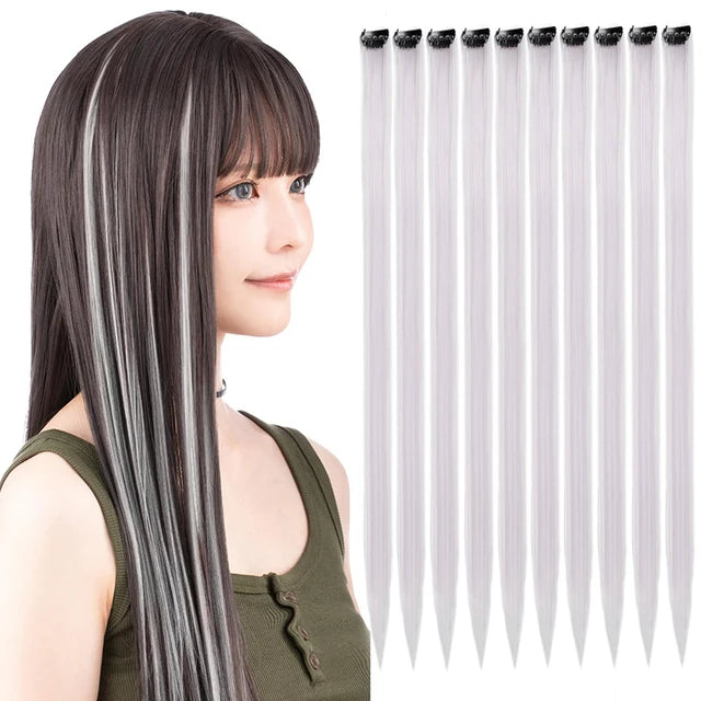 10Packs Straight Colored Clip-In Hair One Piece Long Synthetic Rainbow 22 Inchhair ex