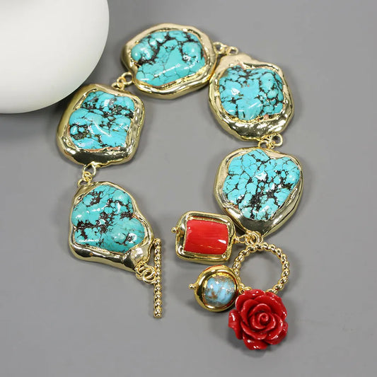 GG Blue Turquoise Freeform Shape Gold Plated Red Coral Murano Glass Beaded Bracelet