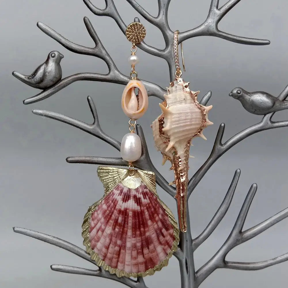 Y·YING Natural Sea Shell White Rice Pearl Asymmetric Dangle Earrings