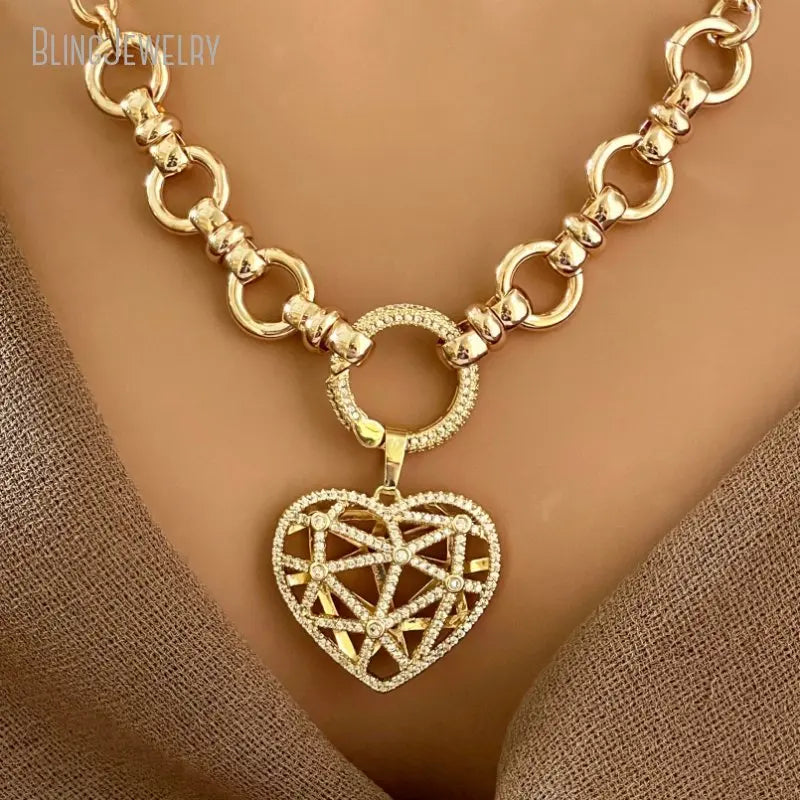 Multi Link Chain Latticework Floating Heart Pendant Necklace