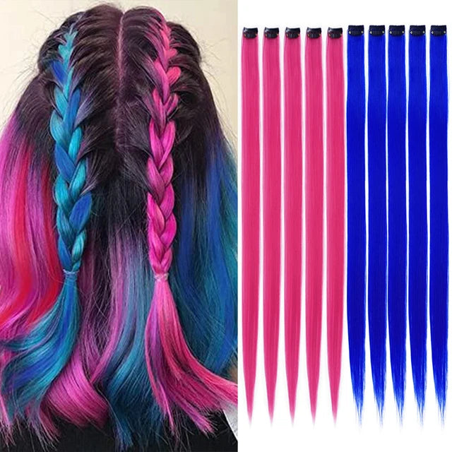 10Packs Straight Colored Clip-In Hair One Piece Long Synthetic Rainbow 22 Inchhair ex