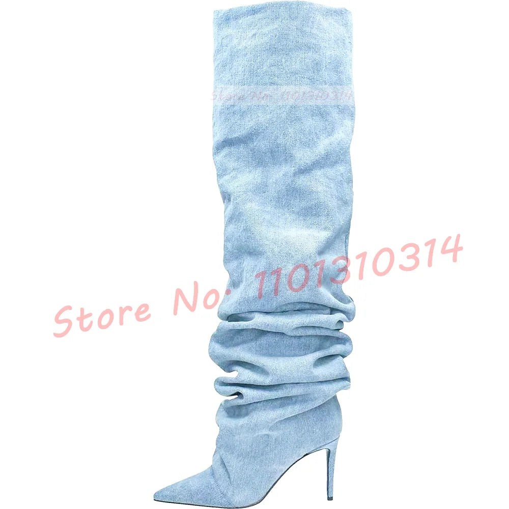 Pointy Denim Thigh High Boots