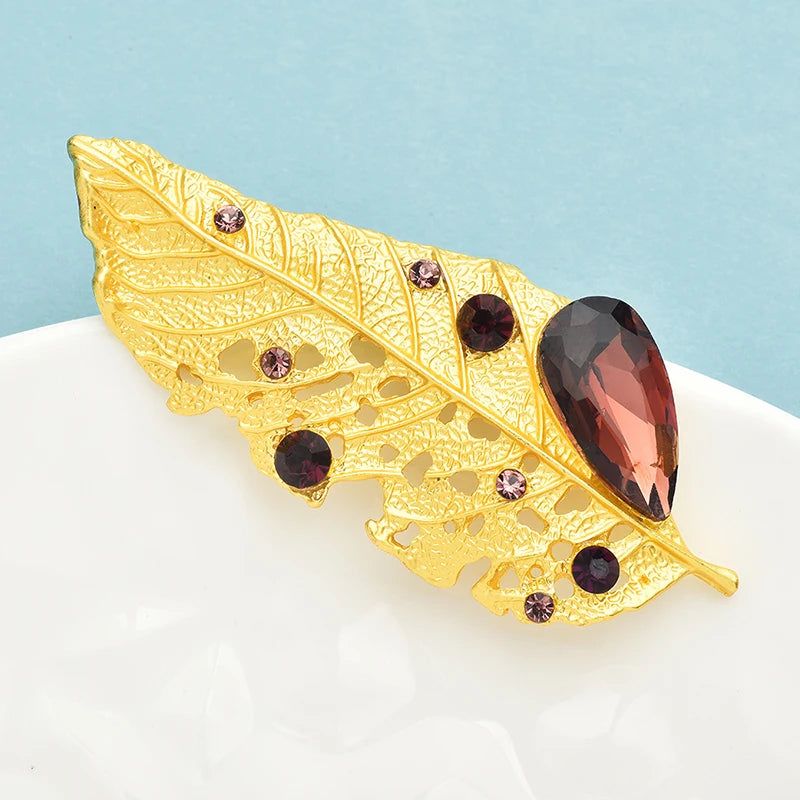 Wuli&baby Crystal Golden Leaf Brooches