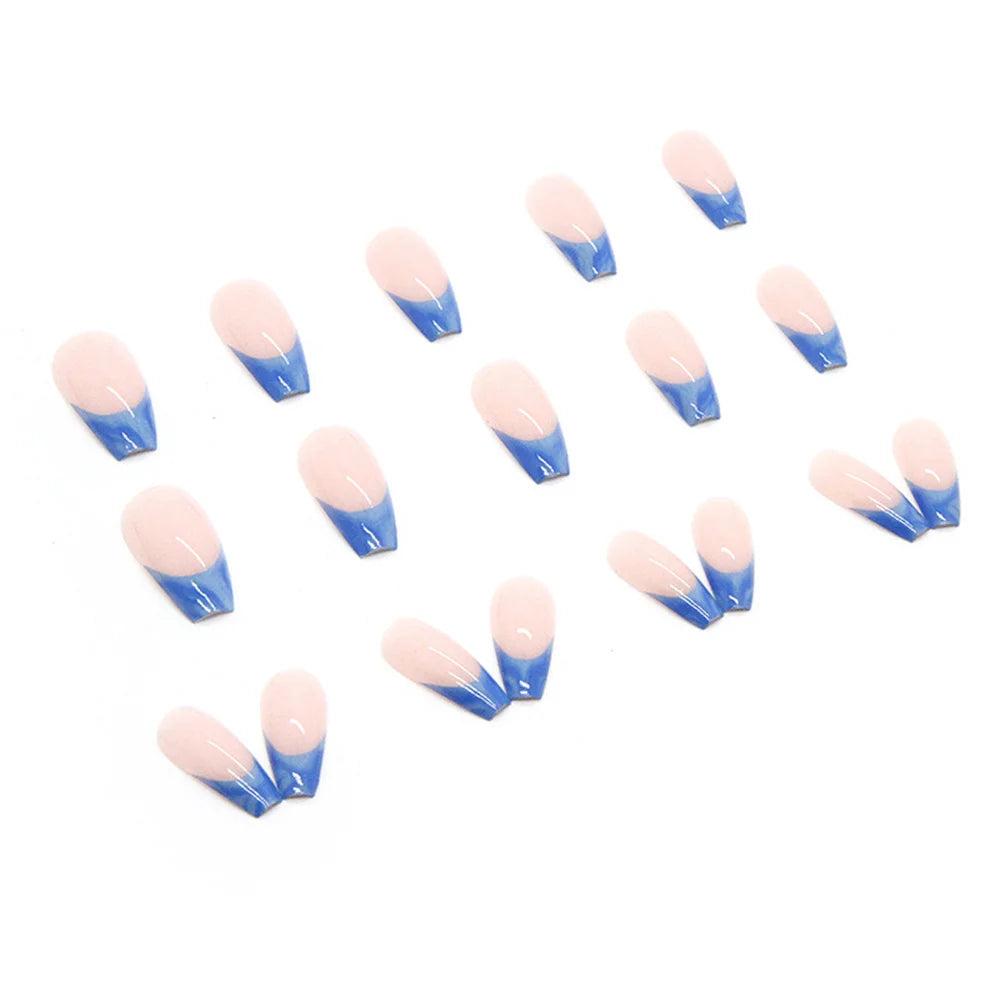 Fashion False Nails Set Press On Blue Blooming French Tips
