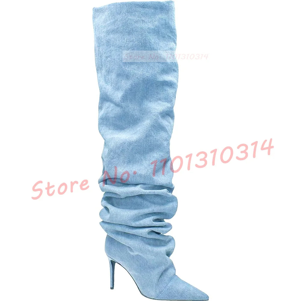 Pointy Denim Thigh High Boots